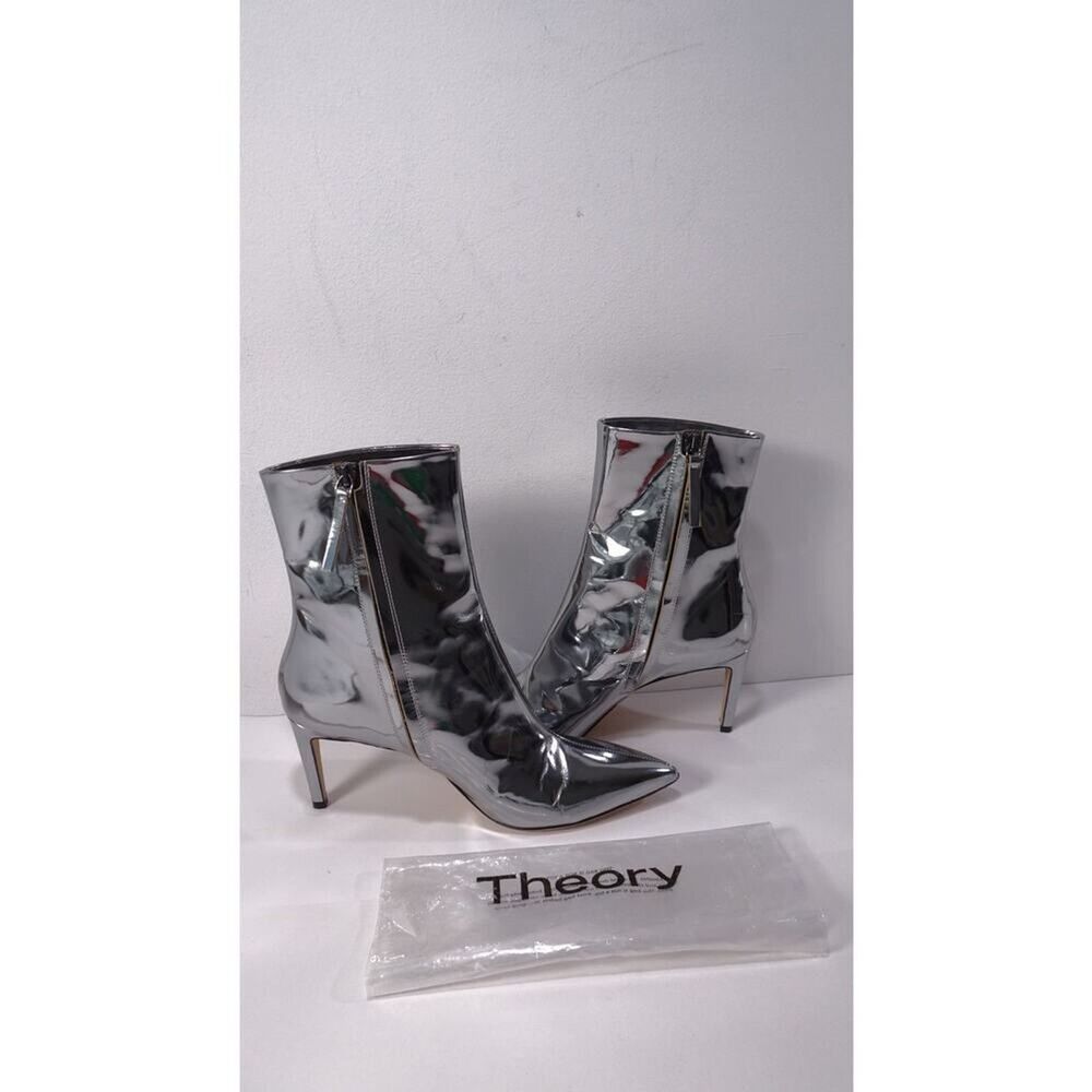 Theory City Patent Leather Heeled Pointed Ankle boots Sz 41 NIB 550 Metallic
